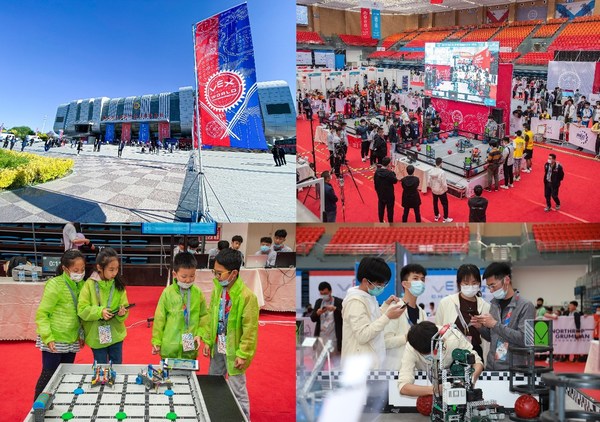 2021 VEX 世锦赛亚太分区赛场馆(左上)、比赛现场(右上)、VEX GO 表演赛(左下)、VEX AI 挑战赛(右下)