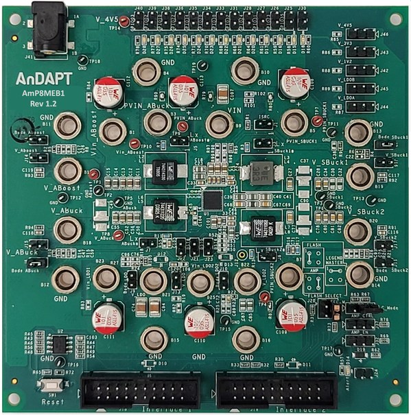 图 1。AmP8MEB1评估板。实际解决方案面积约为405平方毫米 图 1。AmP8MEB1评估板。实际解决方案面积约为405平方毫米